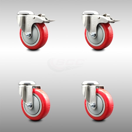 Service Caster 4 Inch 316SS Red Polyurethane Swivel Bolt Hole Caster Set with 2 Lock Brake SCC-SS316BHTTL20S414-PPUB-RED-2-S-2